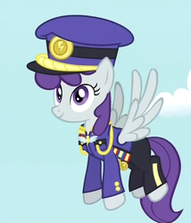 Size: 576x672 | Tagged: safe, screencap, colonel purple dart, downdraft, pegasus, pony, g4, testing testing 1-2-3, ancient wonderbolts uniform, background pony, clothes, cropped, female, flying, hat, mare, solo, uniform