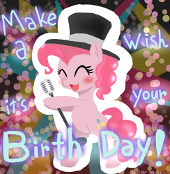 Size: 1000x1026 | Tagged: safe, artist:doubt, pinkie pie, g4, pinkie pride, :3, bipedal, blushing, cute, diapinkes, eyes closed, female, hat, make a wish, microphone, open mouth, smiling, solo, top hat
