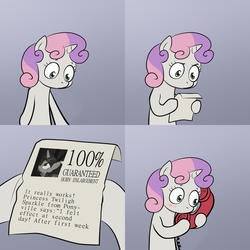 Size: 2000x2000 | Tagged: safe, sweetie belle, twilight sparkle, alicorn, pony, g4, advertisement, blushing, exploitable meme, female, high res, horn, horn enlargement, mare, meme, sweetie's note meme, twilight sparkle (alicorn)