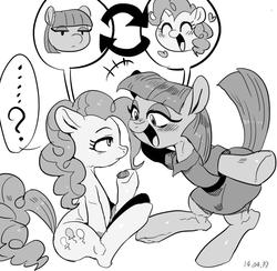 Size: 1000x977 | Tagged: safe, artist:nekubi, maud pie, pinkie pie, earth pony, pony, g4, body swap, clothes, eyes closed, female, grayscale, looking at each other, mare, monochrome, open mouth, role reversal, sisters