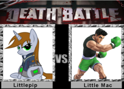 Size: 900x643 | Tagged: safe, oc, oc only, oc:littlepip, human, pony, unicorn, fallout equestria, clothes, death battle, exploitable meme, fanfic, fanfic art, female, jumpsuit, little mac (punch-out!!), male, mare, meme, pipbuck, punch-out!!, show accurate, vault suit