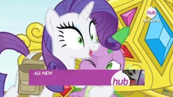 Size: 1112x626 | Tagged: safe, screencap, rarity, spike, g4, inspiration manifestation, official, green eyes, hub logo, inspirarity, promo