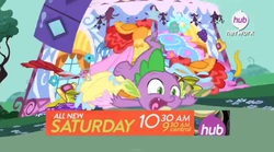 Size: 1110x619 | Tagged: safe, screencap, spike, g4, inspiration manifestation, official, carousel boutique, clothes, explosion, hub logo, promo, the hub