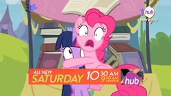 Size: 1192x666 | Tagged: safe, screencap, pinkie pie, twilight sparkle, alicorn, pony, g4, official, trade ya!, book, female, hub logo, mare, promo, scared, stall, the hub, twilight sparkle (alicorn)