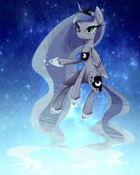 Size: 800x1000 | Tagged: safe, artist:kemonomo, princess luna, g4, female, floating, pixiv, smiling, solo, sparkles