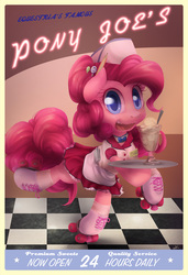 Size: 975x1425 | Tagged: dead source, safe, artist:surgicalarts, pinkie pie, g4, balancing, clothes, cute, female, hilarious in hindsight, ice cream, looking at you, milkshake, roller skates, skirt, smiling, solo, waitress