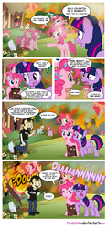 Size: 1000x2130 | Tagged: safe, artist:pixelkitties, derpy hooves, pinkie pie, twilight sparkle, human, pegasus, pony, unicorn, g4, too many pinkie pies, animal costume, army of darkness, chicken pie, chicken suit, clone, clothes, comic, costume, crossover, dan, dan vs, dubs, explosion, fire, half-life, implied abuse, implied death, implied scootabuse, implied vore, kitchen sink, magic, necronomicon, pegasus pinkie pie, race swap, species swap, xk-class end-of-the-world scenario