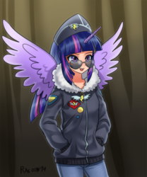 Size: 800x961 | Tagged: safe, artist:racoonsan, commander easy glider, twilight sparkle, human, g4, testing testing 1-2-3, ancient wonderbolts uniform, clothes, female, horn, horned humanization, humanized, open mouth, smiling, solo, sunglasses, twilight sparkle (alicorn), winged humanization