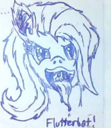 Size: 281x322 | Tagged: safe, artist:soliassoul, fluttershy, bat, pony, g4, almost best pony, drool, female, flutterbat, licking, marker drawing, meh, simple background, sketch, solo, tongue out, traditional art, white background, whiteboard