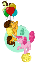 Size: 682x1171 | Tagged: safe, artist:shion561, cheese sandwich, pinkie pie, g4, balancing, balloon, boop, cheese, eating, eyes closed, female, grin, male, nose wrinkle, noseboop, raised hoof, raised leg, sandwich, ship:cheesepie, shipping, smiling, straight, suspended, upside down