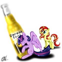 Size: 720x720 | Tagged: artist needed, safe, sunset shimmer, twilight sparkle, alicorn, pegasus, pony, unicorn, g4, beer, comic, corona, female, mare, pun, spanish, twilight sparkle (alicorn)