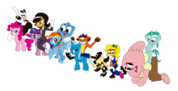 Size: 5078x2603 | Tagged: safe, artist:conikiblasu-fan, lyra heartstrings, pinkie pie, rainbow dash, trixie, twilight sparkle, g4, coco bandicoot, crash bandicoot, crash bandicoot (series), crossover, dr. neo cortex, dudley puppy, kitty katswell, nicole watterson, riding, the amazing world of gumball, tuff puppy, wat