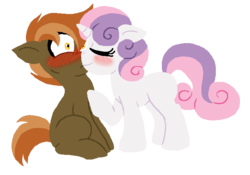 Size: 695x487 | Tagged: safe, artist:kiananuva12, button mash, sweetie belle, earth pony, pony, unicorn, g4, blushing, duo, eyes closed, female, heart pounding, hoof on chest, kiss on the lips, kissing, male, ship:sweetiemash, shipping, straight