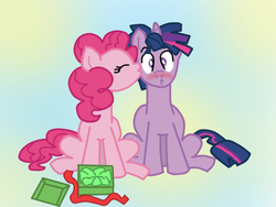 Size: 800x600 | Tagged: safe, artist:spikeisawesome11, pinkie pie, twilight sparkle, g4, blushing, cheek kiss, dusk shine, eyes closed, half r63 shipping, kissing, present, rule 63, ship:duskpie, ship:twinkie, shipping