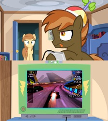 Size: 768x856 | Tagged: safe, button mash, oc, oc:cream heart, earth pony, pony, g4, button mash plays, colt, earth pony oc, exploitable meme, female, foal, male, mare, meme, mother and child, mother and son, nintendo 64, rush 2049