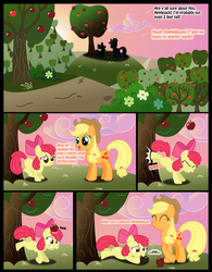 Size: 1162x1488 | Tagged: safe, artist:ohthatandy, apple bloom, applejack, earth pony, pony, g4, ^^, adorabloom, apple, apple sisters, applebucking, artifact, bloom butt, bucking, butt, comic, cute, derp, eyes closed, female, filly, foal, kick, mare, plot, siblings, sisters, that pony sure does love apples