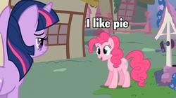 Size: 960x539 | Tagged: safe, pinkie pie, twilight sparkle, g4, captain obvious, image macro, meme, pie