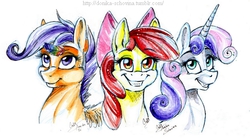 Size: 646x356 | Tagged: safe, artist:donika-schovina, apple bloom, scootaloo, sweetie belle, g4, cutie mark crusaders, feather, traditional art