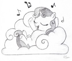 Size: 2946x2470 | Tagged: safe, artist:cwossie, sweetie belle, g4, cloud, female, high res, monochrome, solo, traditional art