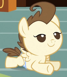 Size: 699x810 | Tagged: safe, screencap, pound cake, pony, baby cakes, g4, baby, baby pony, colt, cute, diaper, diapered, diapered colt, happy, happy baby, lidded eyes, male, one month old colt, prone, smiling, solo, white diaper