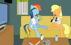 Size: 1483x951 | Tagged: safe, artist:hyolark, applejack, rainbow dash, earth pony, pegasus, pony, g4, apples to the core, cider, cute, happy, hatless, karaoke, korean, laughing, microphone, missing accessory, musical instrument, singing, soda can, tambourine