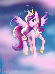 Size: 597x800 | Tagged: safe, artist:facja, princess cadance, alicorn, pony, g4, cloud, crown, crystal heart, female, flying, glowing, glowing horn, horn, jewelry, magic, mare, regalia, signature, sky, solo, stars