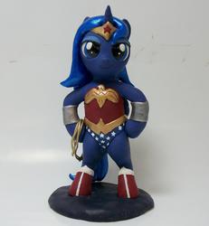 Size: 2237x2422 | Tagged: safe, artist:madponyscientist, princess luna, pony, g4, bipedal, cosplay, customized toy, female, filly, high res, irl, photo, sculpture, solo, wonder woman, woona