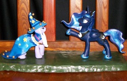 Size: 1600x1023 | Tagged: safe, artist:madponyscientist, princess luna, star swirl the bearded, twilight sparkle, g4, cosplay, customized toy, irl, photo, sculpture