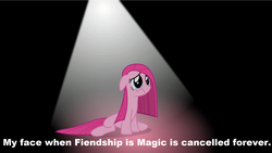 Size: 1920x1080 | Tagged: safe, pinkie pie, g4, cancelled, end of ponies, female, future, meme, misspelling, op is a duck, pinkamena diane pie, sad, solo