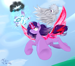 Size: 1017x890 | Tagged: safe, artist:frist44, oc, oc only, oc:aegis steadfast, oc:lightning rod, oc:stormy sky, artificial wings, augmented, flight spell, fluffy, goggles, magic, magic wings, magical lesbian spawn, offspring, parent:oc:aegis steadfast, parent:oc:stormy sky, parents:oc x oc, underhoof, wings