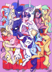 Size: 647x901 | Tagged: safe, artist:johnjoseco, artist:thepolymath, edit, applejack, derpy hooves, fluttershy, pinkie pie, princess celestia, princess luna, rainbow dash, rarity, sunshower raindrops, trixie, twilight sparkle, oc, oc:belle eve, oc:calpain, oc:gem, alicorn, pony, ask princess molestia, princess molestia, g4, :<, :o, baguette, banana, bed, belle eve, blushing, boop, bread, butt, butt bump, butt to butt, butt touch, butthug, c:, calpain, chest fluff, chubbie, colored, cross-eyed, divine, everypony, eyes closed, faceful of ass, female, food, frown, group hug, happy, hug, lesbian, looking at you, mane six, mare, memj0123, nuzzling, omniship, on back, on side, open mouth, party, pillow, plot, polyamory, ponified, pony pile, raygun, rubber duck, scrunchy face, ship:appledash, ship:flutterpie, ship:twilestia, shipping, smiling, snuggling, twilight sparkle (alicorn), unamused, wide eyes