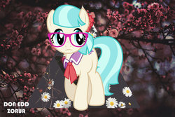 Size: 1042x694 | Tagged: safe, artist:doneddzorua, coco pommel, g4, ambient, female, flower, glasses, hipster, nature, rose, solo, triangle