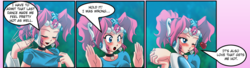 Size: 997x272 | Tagged: safe, artist:mauroz, pinkie pie, human, g4, comic, cropped, humanized, teasing