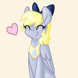 Size: 500x500 | Tagged: dead source, safe, artist:nyanpegasus, derpy hooves, pegasus, pony, ask princess derpy, g4, ^^, bow, cute, derpabetes, eyes closed, female, hair bow, heart, peytral, simple background, smiling, solo, tumblr