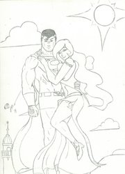 Size: 759x1052 | Tagged: safe, artist:flanaganisking, princess celestia, human, g4, crossover, crossover shipping, female, flying, humanized, male, midriff, monochrome, straight, supelestia, superman, the crack otp to end all crack otps, traditional art