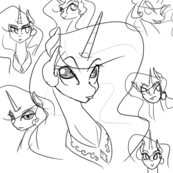 Size: 1280x1280 | Tagged: safe, artist:defective, princess celestia, g4, duckface, monochrome, sketch dump