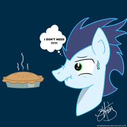 Size: 1024x1024 | Tagged: safe, artist:wonderdash, soarin', g4, denial, i don't need it, male, nervous, pie, solo, spongebob squarepants, sweat, tea at the treedome, that pony sure does love pies