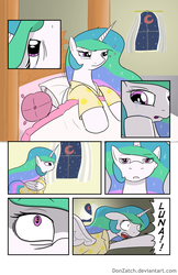 Size: 792x1224 | Tagged: safe, artist:donzatch, princess celestia, comic:tale of twilight, g4, bed, blood moon, clothes, comic, crying, female, moon, pajamas, pillow, solo