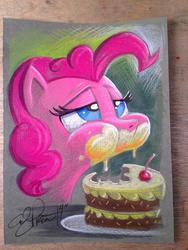 Size: 768x1024 | Tagged: safe, artist:andy price, pinkie pie, g4, aweeg*, cake, female, messy eating, photo, solo, traditional art