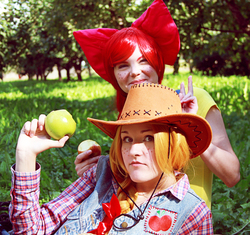 Size: 3372x3168 | Tagged: safe, artist:zach-kun, apple bloom, applejack, human, g4, cosplay, high res, irl, irl human, photo