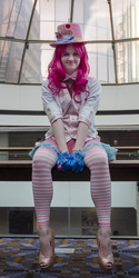 Size: 2288x4564 | Tagged: safe, artist:eddiebphotos, pinkie pie, human, g4, bowtie, clothes, cosplay, irl, irl human, photo, skirt, solo, vest