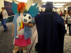 Size: 1024x768 | Tagged: artist needed, safe, mare do well, rainbow dash, human, equestria girls, g4, 2013, anime weekend atlanta, convention, cosplay, football, irl, irl human, photo