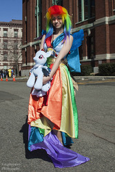 Size: 618x927 | Tagged: artist needed, safe, artist:knightmare6, rainbow dash, human, g4, 2014, castle point anime convention, clothes, convention, cosplay, dress, gala dress, irl, irl human, photo, plushie, solo