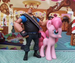 Size: 1000x841 | Tagged: safe, artist:texasuberalles, pinkie pie, earth pony, human, pony, g4, duo, funko, heavy (tf2), heavy weapons guy, irl, neca, photo, sugarcube corner, team fortress 2, toy
