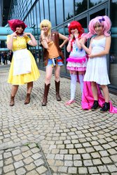 Size: 640x960 | Tagged: safe, artist:elliadinosaur, artist:fruitysheeps, apple bloom, applejack, pinkie pie, sweetie belle, human, g4, 2012, convention, cosplay, irl, irl human, japan expo, japan expo paris, photo