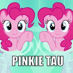 Size: 638x636 | Tagged: safe, pinkie pie, tau, g4, c:, looking at you, math, mirror pool, name pun, pun, smiling