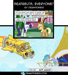 Size: 853x936 | Tagged: safe, artist:drawponies, apple bloom, applejack, derpy hooves, princess celestia, princess luna, rarity, scootaloo, sweetie belle, twist, pegasus, pony, g4, bus, canterlot, comedy, comics, crossover, cutie mark crusaders, female, funny, magic school bus, mailmare, mare, oh crap, princess, scared, school bus, this will end in death, this will end in tears, this will end in tears and/or death, wahoo, worried