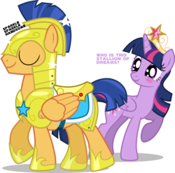 Size: 6068x6000 | Tagged: safe, artist:chainchomp2 edits, edit, flash sentry, twilight sparkle, alicorn, pegasus, pony, g4, absurd resolution, adventure in the comments, blushing, eyes closed, female, looking back, male, mare, raised hoof, ship:flashlight, shipping, simple background, smiling, sparkles, stallion, straight, transparent background, twilight sparkle (alicorn), walking