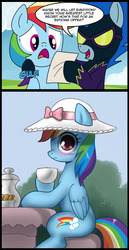 Size: 571x1107 | Tagged: safe, artist:johnjoseco, artist:madmax, nightshade, rainbow dash, g4, awkward, awkward moment, blackmail, blushing, caught, clothes, comic, costume, dash's little secret, dressup, embarrassed, exploitable meme, fancy, hat, meme, rainbow dash always dresses in style, shadowbolts, shadowbolts costume, sun hat, tea, tea party