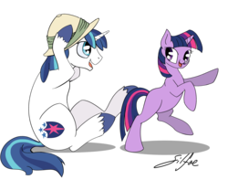 Size: 3000x2500 | Tagged: safe, artist:silfoe, shining armor, twilight sparkle, pony, unicorn, g4, bipedal, blank flank, brother and sister, cute, duo, duo male and female, eye contact, female, filly, filly twilight sparkle, foal, hat, high res, looking at each other, male, open mouth, pith helmet, pointing, rearing, shadow, shining adorable, siblings, signature, silfoe is trying to murder us, simple background, sitting, smiling, teenage shining armor, teenager, transparent background, twiabetes, unicorn twilight
